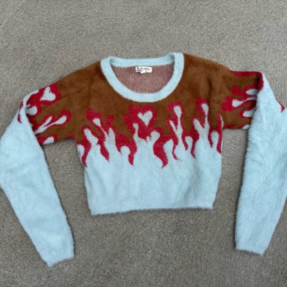 For Love And Lemons Red and Brown Faux Mohair Flame Crew Neck Sweater